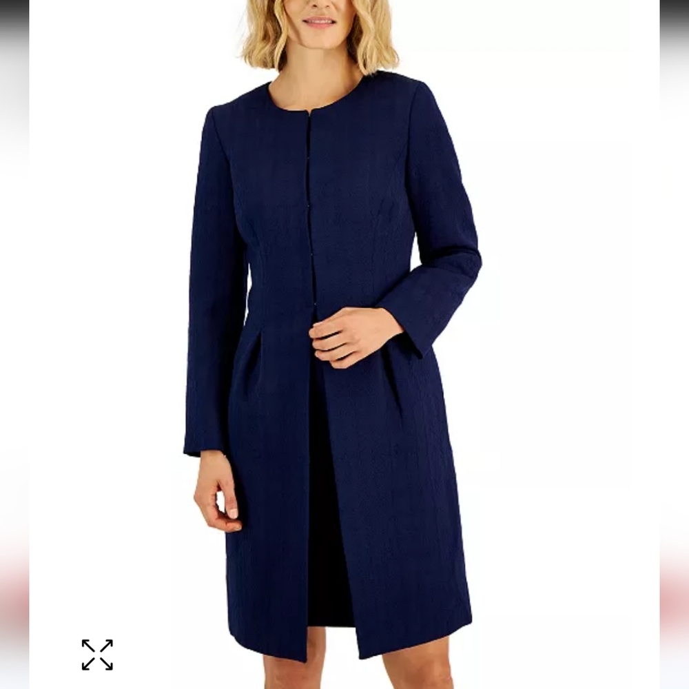 Le Suit Long Jewel Neck Textured Jacket Navy NWT